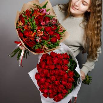 Букет из красных роз 50 см (Кения) и альстромерии - L