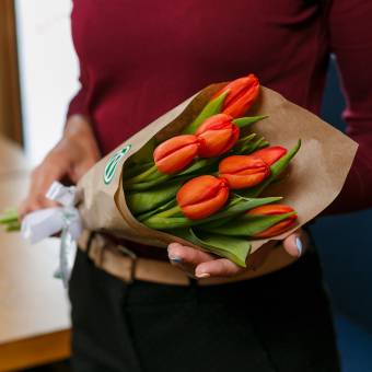 7 красных тюльпанов в упаковке