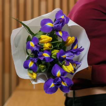 7 желтых тюльпанов с ирисами в упаковке