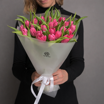 Букет из 25 малиновых тюльпанов (Голландия) в корейской матовой упаковке