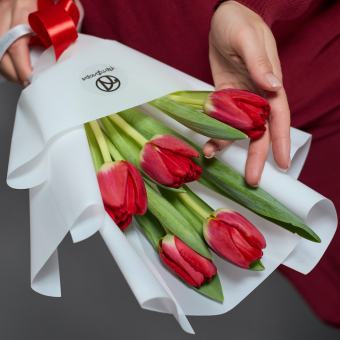 5 красных тюльпанов в корейской упаковке