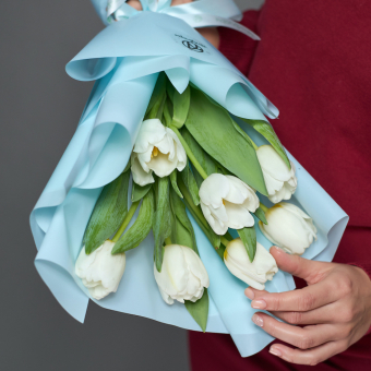 7 белых тюльпанов в корейской упаковке