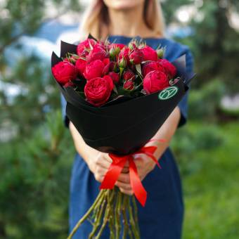Букет из 15 пионовидных кустовых роз Ред Пиано 50 см