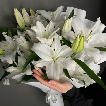 Букет из 9 белых лилий ориенталь (60 см)