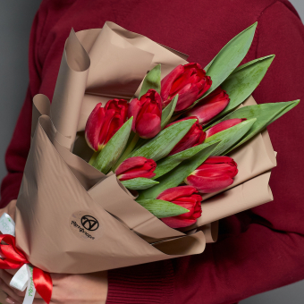 9 красных тюльпанов в корейской упаковке