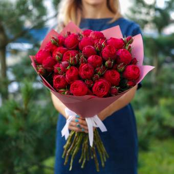Букет из 25 пионовидных кустовых роз Ред Пиано 50 см