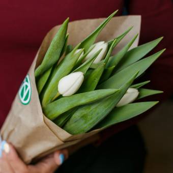 7 белых тюльпанов в упаковке