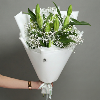 Букет из лилий ориенталь (60 см) и гипсофилы S