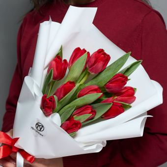 11 красных тюльпанов в корейской упаковке