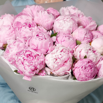 Букет из 25 розовых пионов (Россия) в корейской матовой пленке