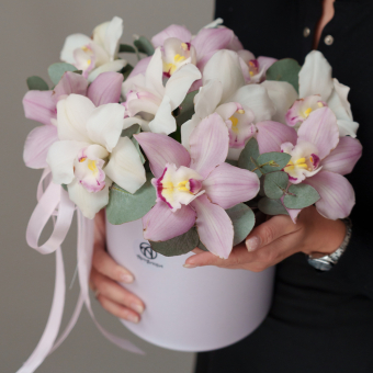 Букет в шляпной коробке из 11 орхидей