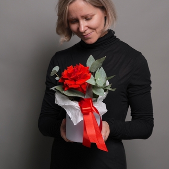 Шляпная коробка с алой французской розой - S