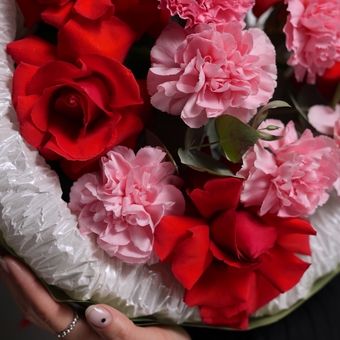 Букет из красных французских роз и диантусов - M в корейской упаковке