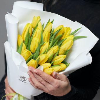 Букет из 25 желтых тюльпанов (Голландия) в корейской упаковке