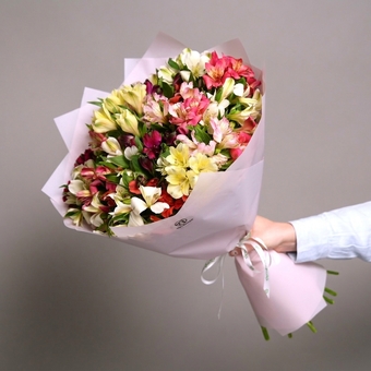 Букет из 25 альстромерий микс в корейской светлой упаковке
