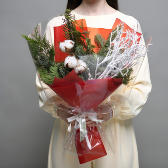 Зимний букет хвойный микс с хаклберри в красной упаковке