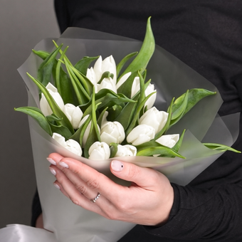 Букет из 15 белых тюльпанов (Голландия) в корейской матовой упаковке