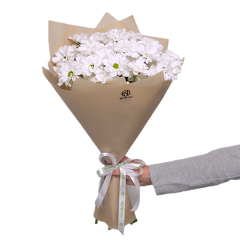 Букет из 5 белых кустовых хризантем ромашка (Бакарди) в корейской упаковке