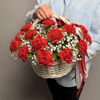 Корзина с красной гвоздикой и гипсофилой