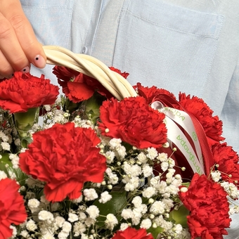 Корзина с красной гвоздикой и гипсофилой
