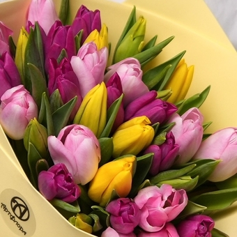 Букет из 35 тюльпанов микс яркий (Голландия) в фоамиране