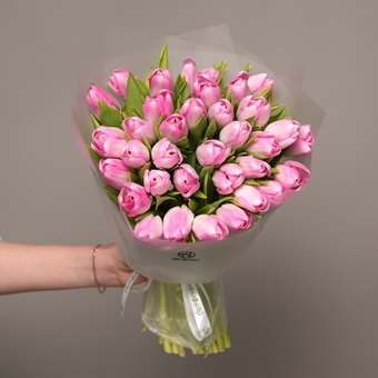 Букет из 35 розовых тюльпанов (Голландия) в корейской матовой упаковке