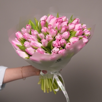 Букет из 51 розового тюльпана (Голландия) в корейской матовой упаковке