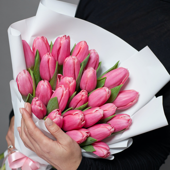 Букет из 25 розовых тюльпанов (Голландия) в корейской упаковке