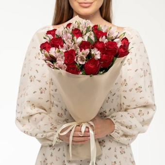 Flowwow Комплект (015) Роза кения 50см MADAM RED (красн) + Альстромерия, (L)