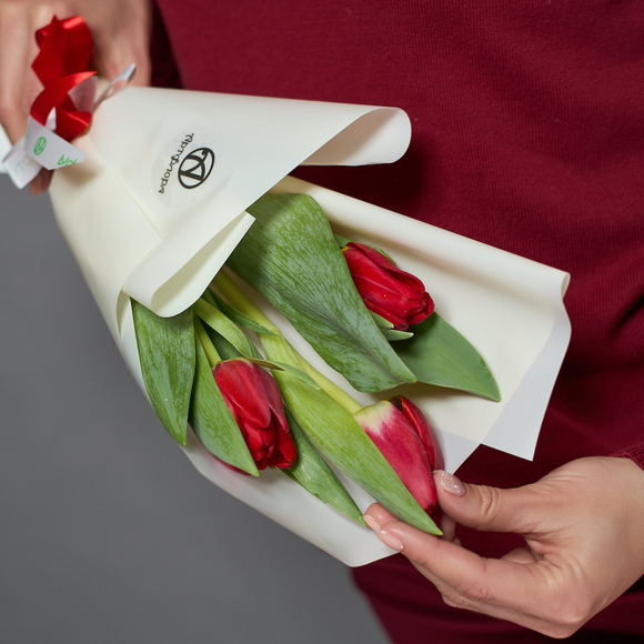 3 красных тюльпана в корейской упаковке