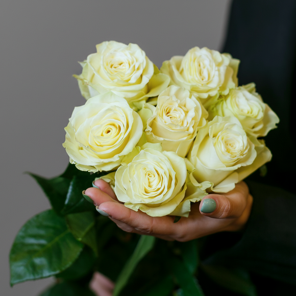 Букет из 7 белых роз 50 см (Эквадор) с атласной лентой