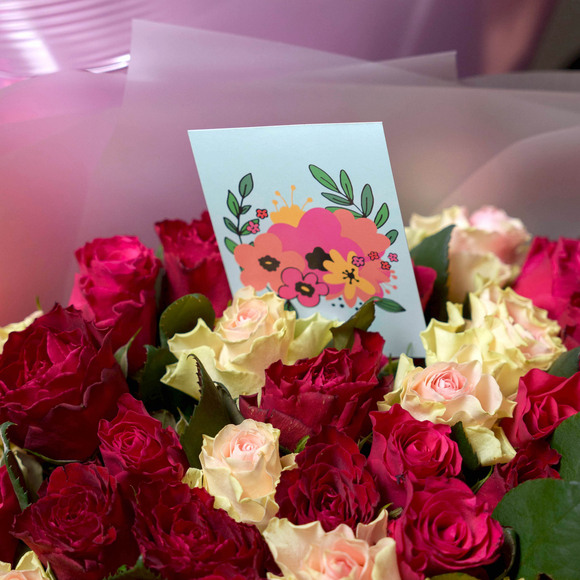 Набор размер ХХL с букетом 101 роза нежный микс Кения (50 см)