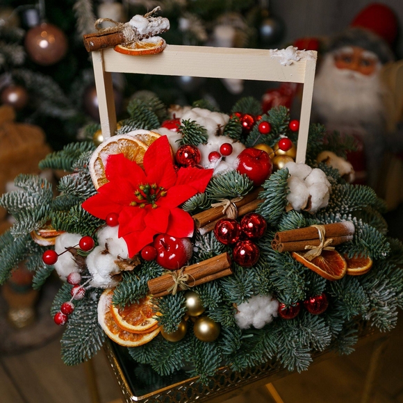 Зимняя композиция в ящике с пуансеттией