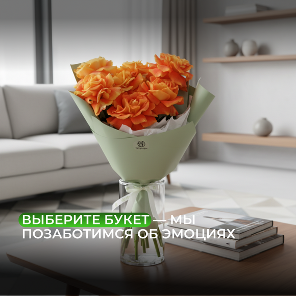 Букет из 7 оранжевых французских роз в корейской упаковке