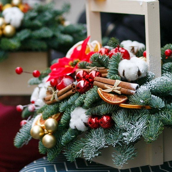 Зимняя композиция в ящике с пуансеттией