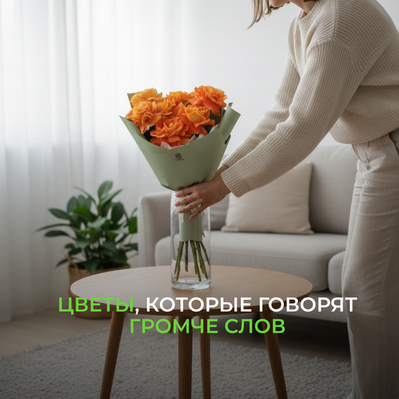 Букет из 7 оранжевых французских роз в корейской упаковке