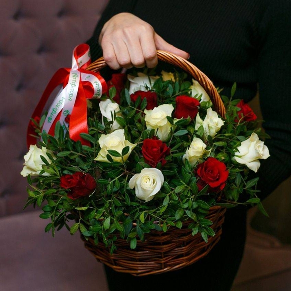25 красных и белых роз Кения с зеленью в корзине
