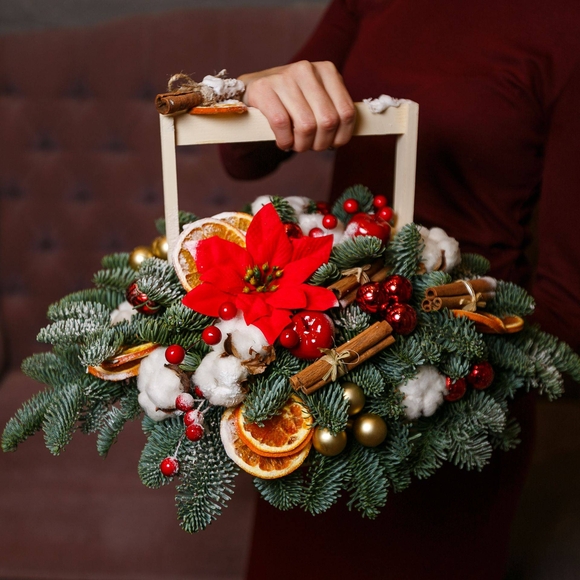 Зимняя композиция в ящике с пуансеттией