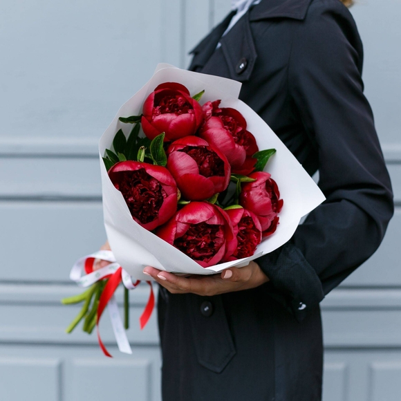 Букет из 7 бордовых пионов (Голландия). АКЦИЯ!