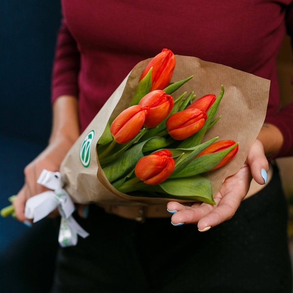 7 красных тюльпанов в упаковке