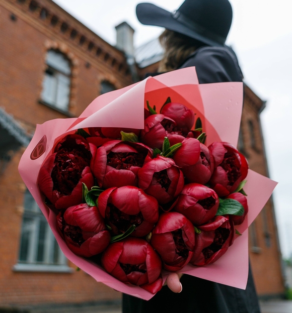 Букет из 15 бордовых пионов (Голландия). АКЦИЯ!