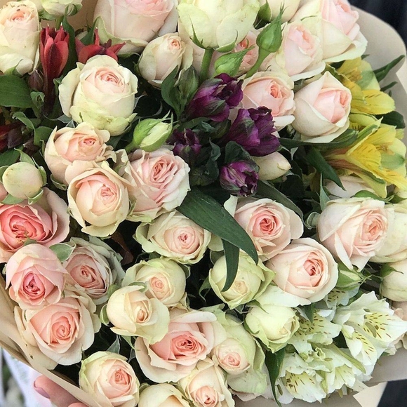 Букет из пионовидных кустовых роз Мадам Бомбастик и альстромерии