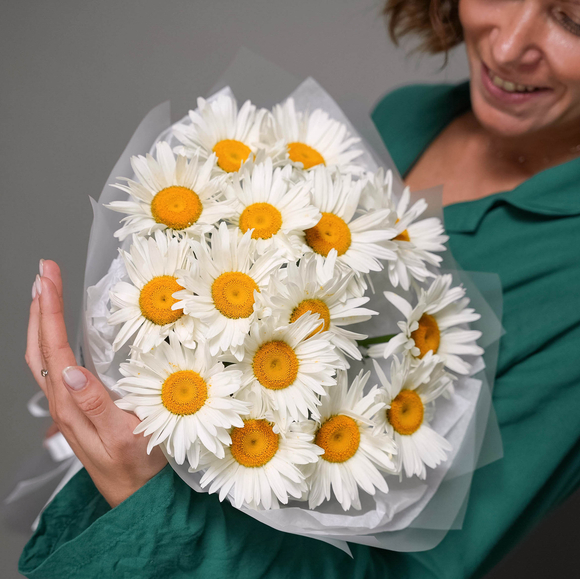 Букет из 15 садовых ромашек в корейской матовой пленке