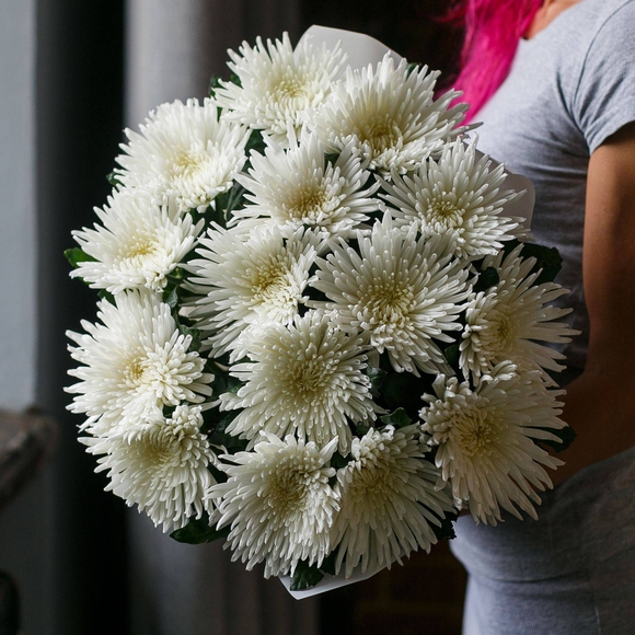 Букет из 15 одноголовых белых хризантем