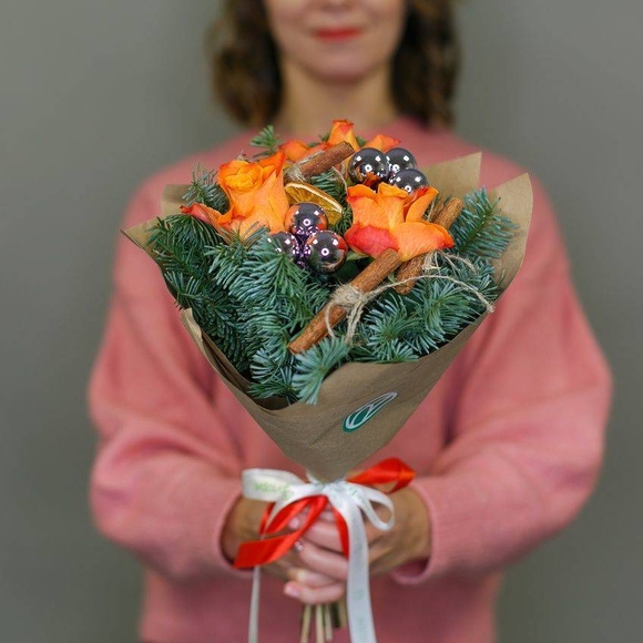 Новогодний букет-комплимент из оранжевых роз 50 см (Кения)