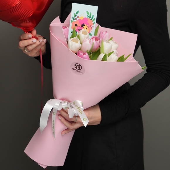 Набор размер S с букетом 15 тюльпанов нежный микс в фоамиране