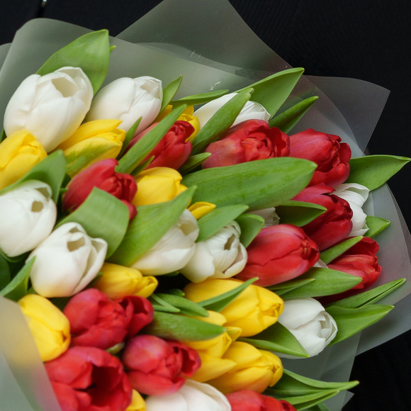 Букет из 35 тюльпанов яркий микс
