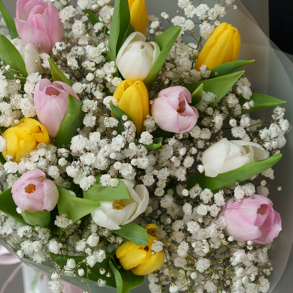 Букет из тюльпанов микс и гипсофилы в корейской упаковке