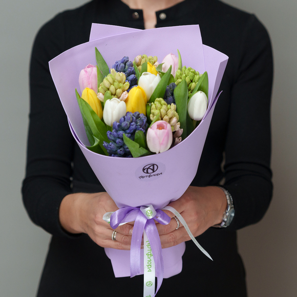 Букет из тюльпанов микс с гиацинтами в фоамиране - М