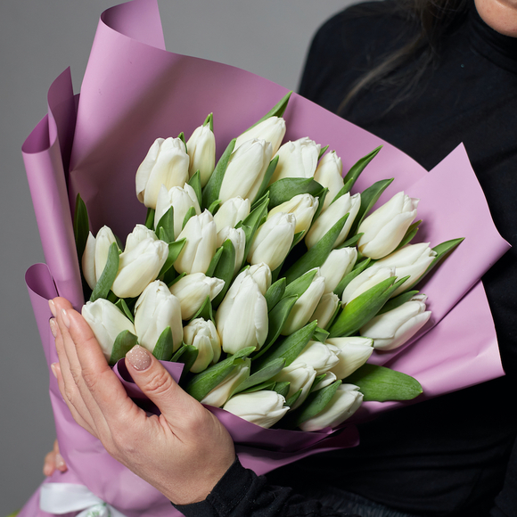 Букет из 35 белых тюльпанов (Голландия) в корейской упаковке